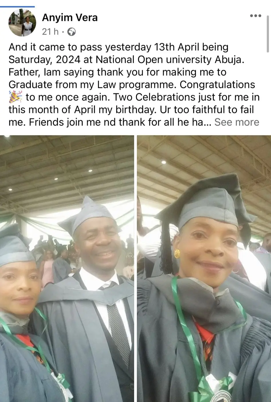 Vera celebrates and provides proof of graduation