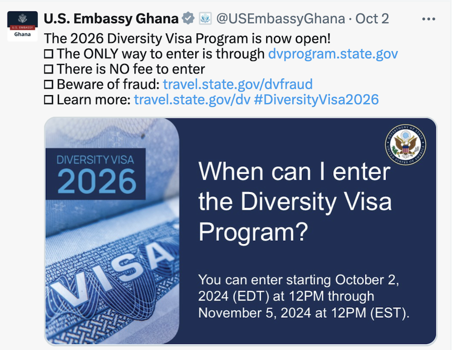 DV Lottery Visa  Now Open