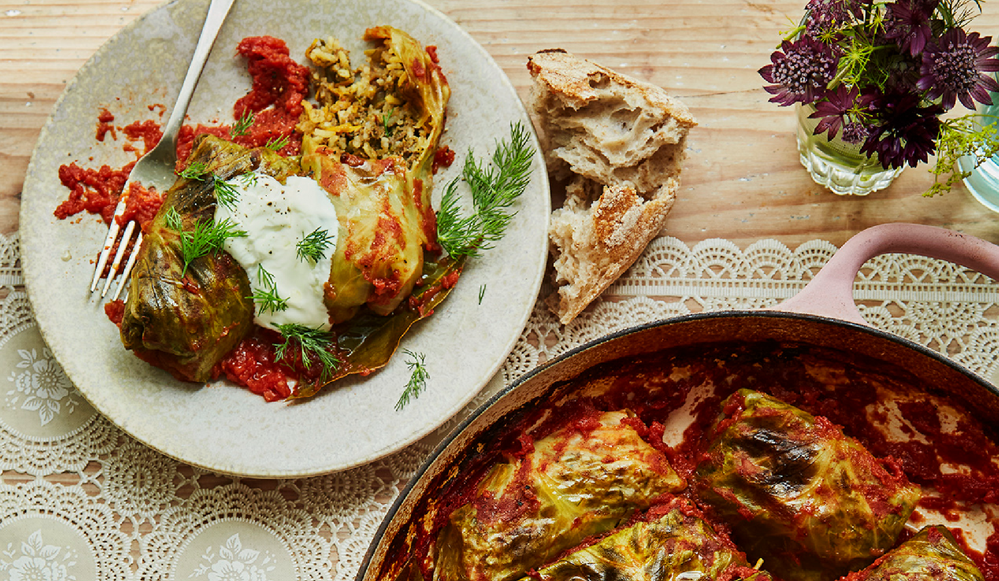 Cabbage rolls with sauerkraut leaves, beef and rice in tomato sauce, new recipe from 'Kapusta'