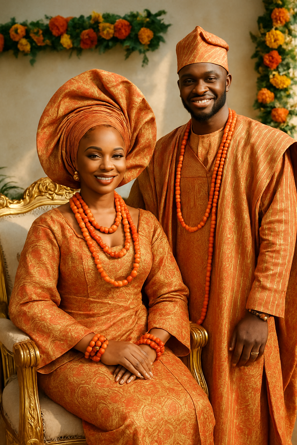 The gele rises like a crown.