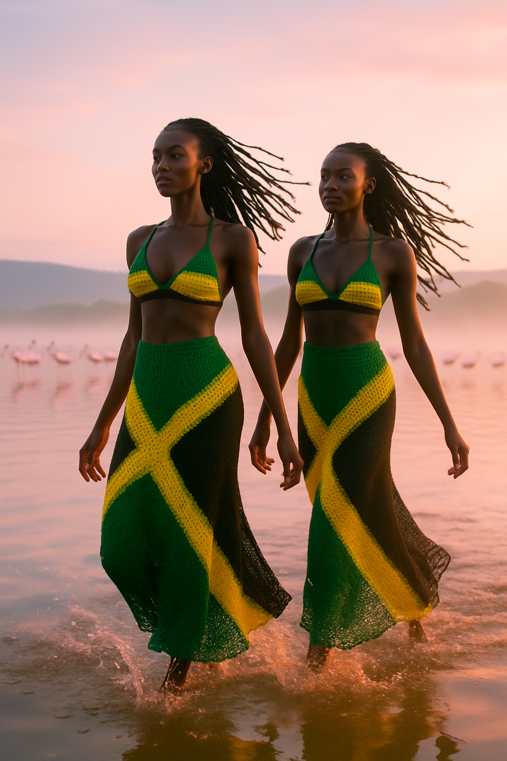 They walk through water that holds the sky.