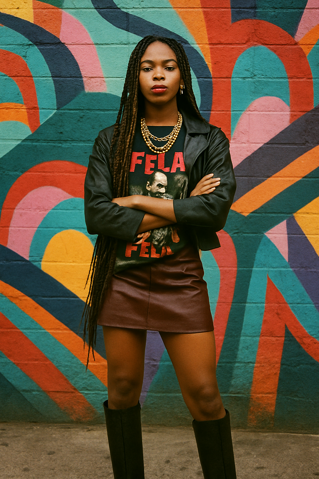 Fela on my chest. Leather on my legs.
