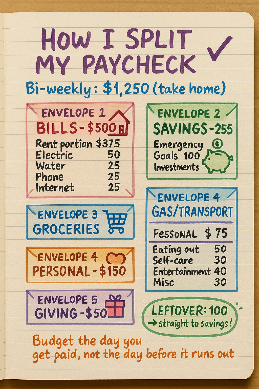 How I Split My Bi-Weekly Paycheck ($1,250)