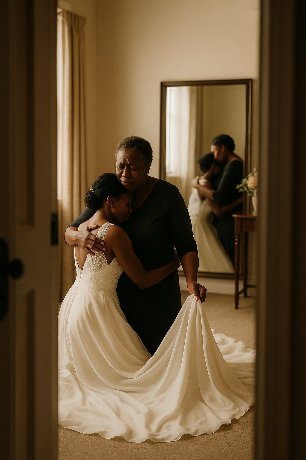 The mother of the bride fixed the train one last time and then could not let go.