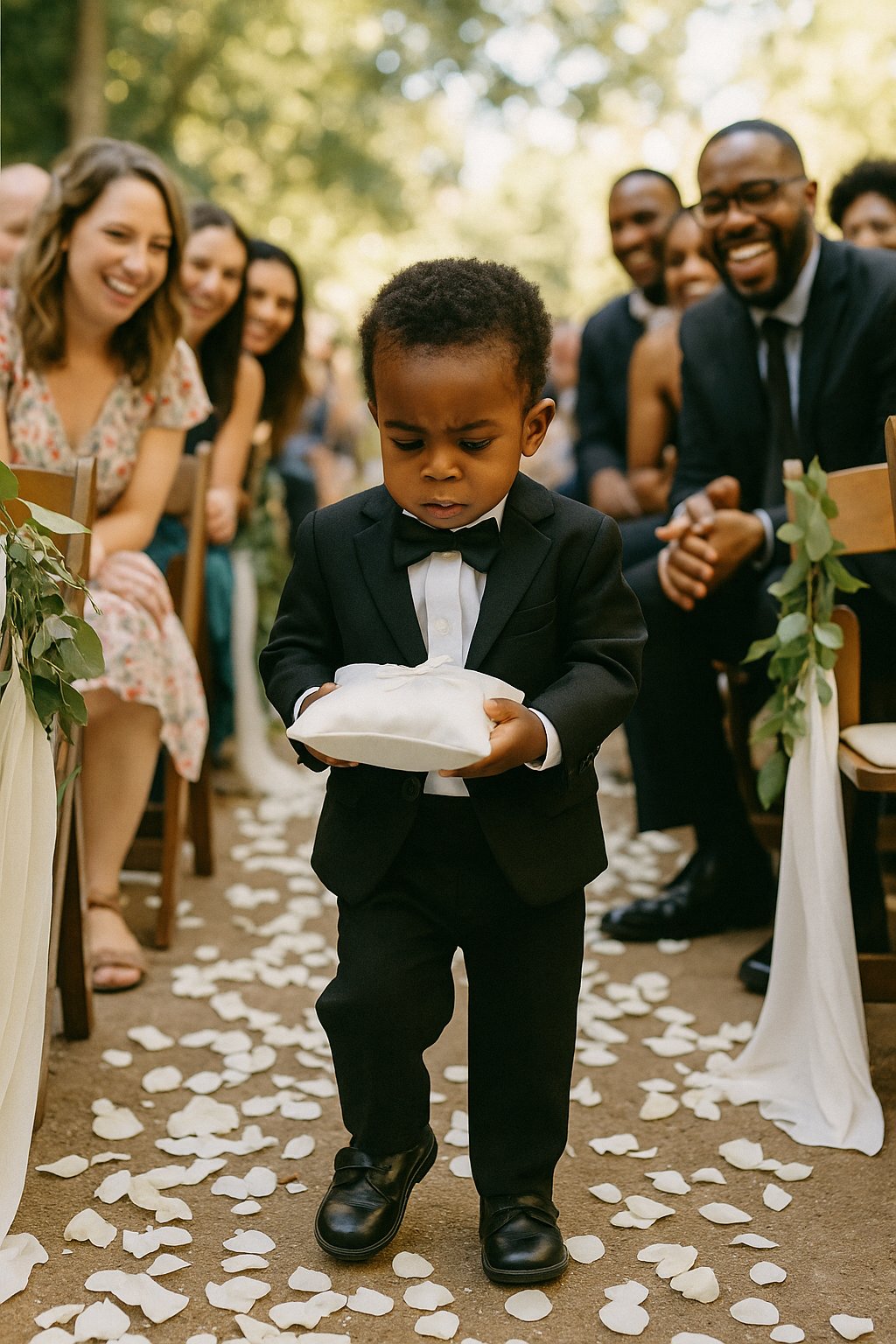 The ring bearer was three years old and took his job more seriously than...