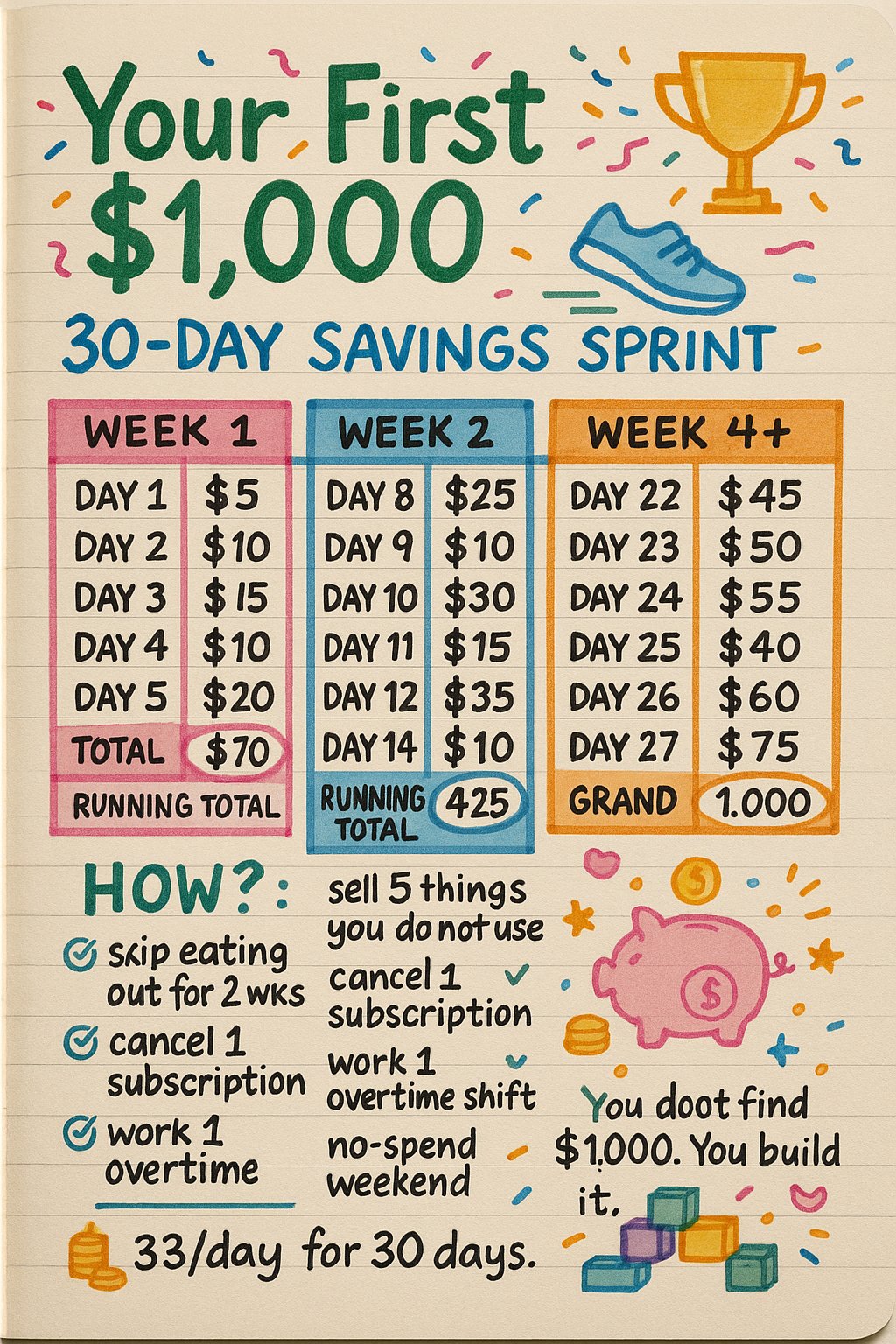 How to Save Your First $1,000 (The 30-Day Plan)